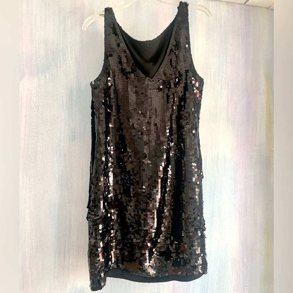 NYE Vintage Banana Republic Black Sequined Mini Dress Party women’s Sz 12P